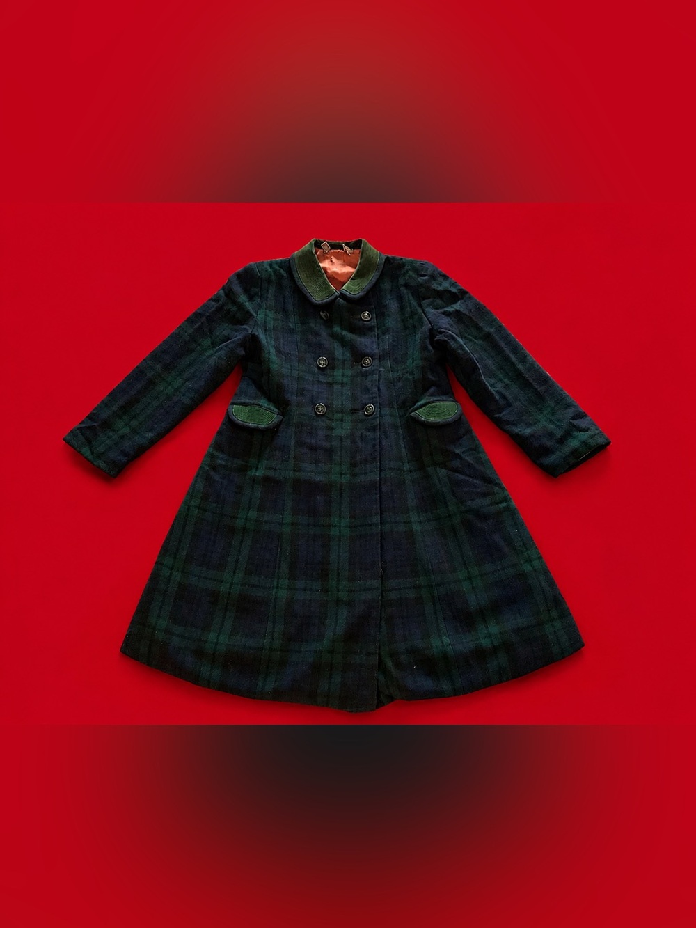 Vintage Dark Green & Navy Plaid Wool Coat